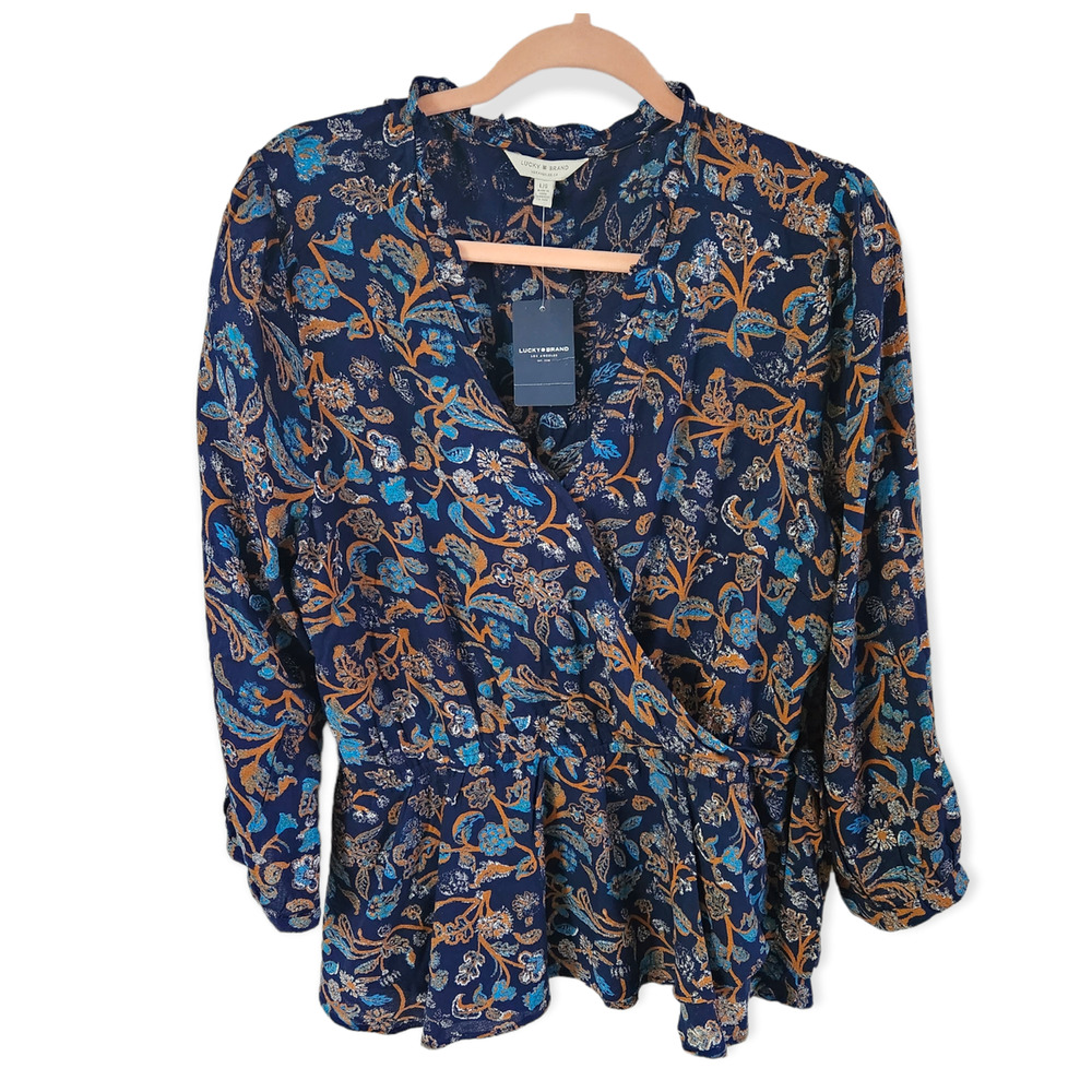 Lucky Brand Women's Blue Gold Long Sleeve V Neck Wrap Style Top Large NWT